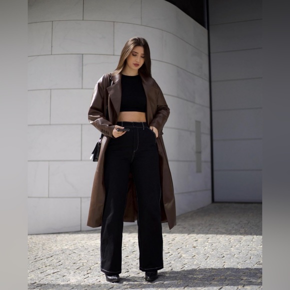 Faux Leather Coat with Pinched Pleats - Brown - Picture 2 of 2